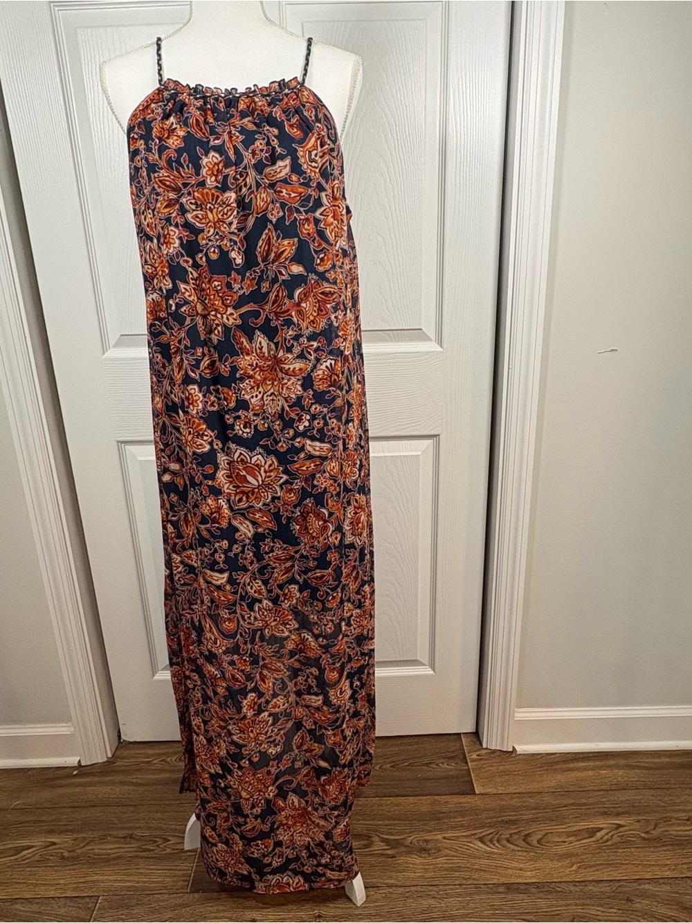 Boho Floral Halter Maxi Dress Tassel Slit Resort Festival Coastal Flowy Large